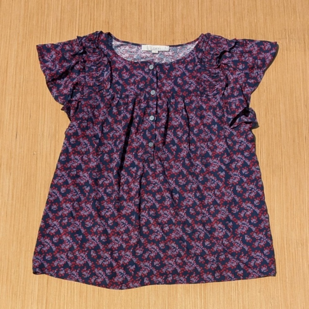 LOFT Blouse Floral Heart Ruffle Henley Shell Sleeve‎ Button Up Top Womens Large